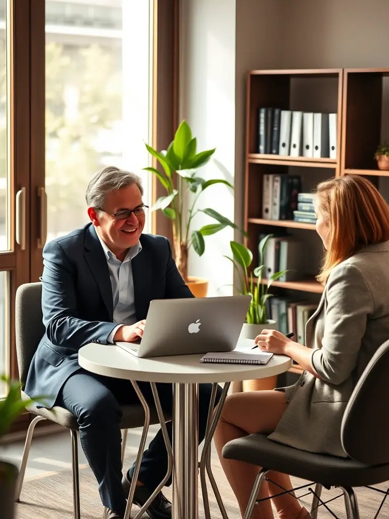 A business coach assisting a client in overcoming challenges and achieving their goals, providing encouragement and support, in a comfortable and supportive environment.