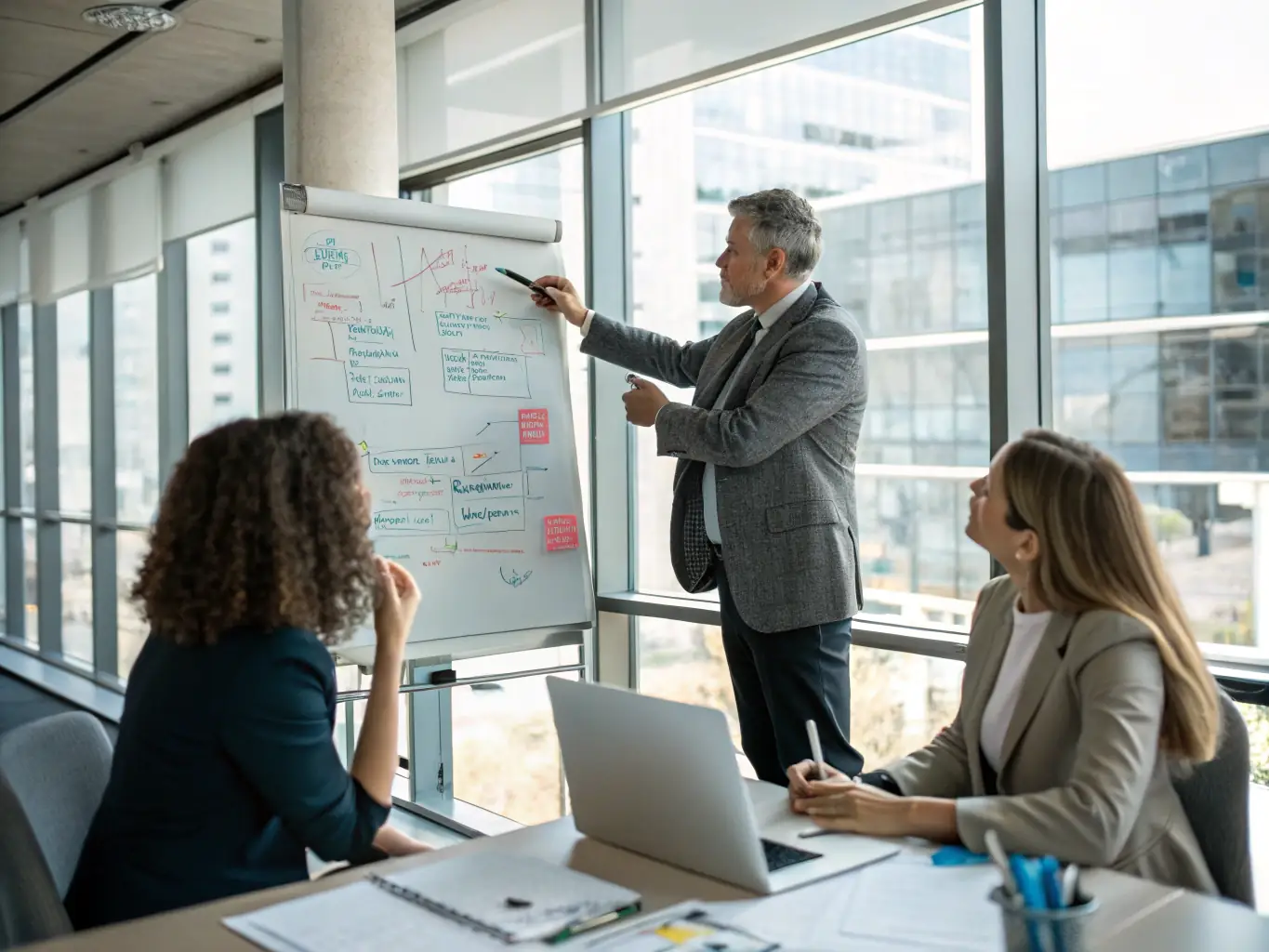 An image of a business coach facilitating a creative problem-solving session with a client, using visual aids and mind-mapping techniques to explore different perspectives and solutions.