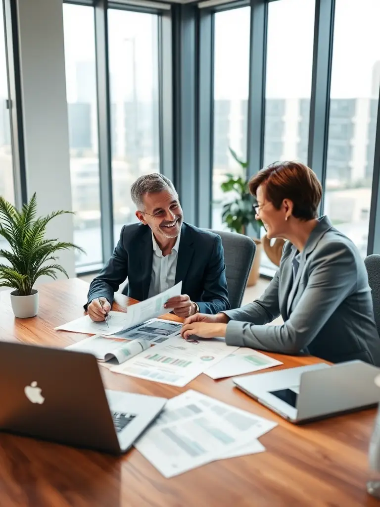 A business coach guiding a client through a strategic planning session, using a visual roadmap to outline goals and milestones, in a bright and airy office.