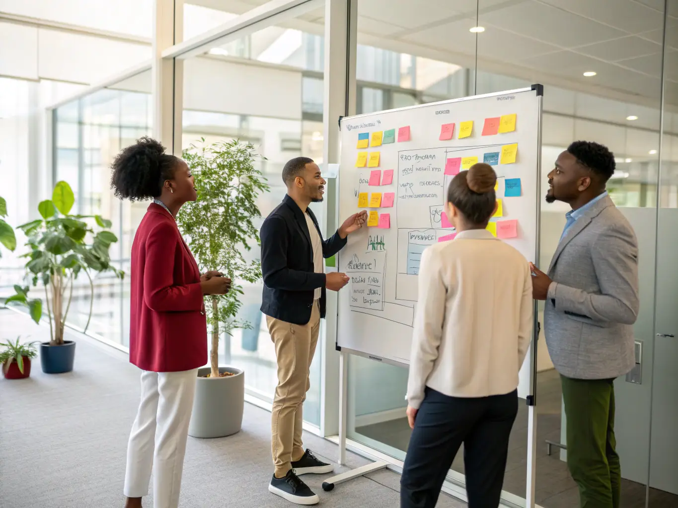 An image of a diverse group of professionals participating in an ideation workshop, generating ideas on a whiteboard with sticky notes, representing collaborative brainstorming and creative thinking.