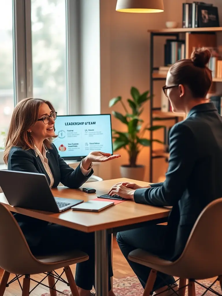 A business coach working with a client on improving their communication skills, practicing active listening and clear articulation, in a professional setting.