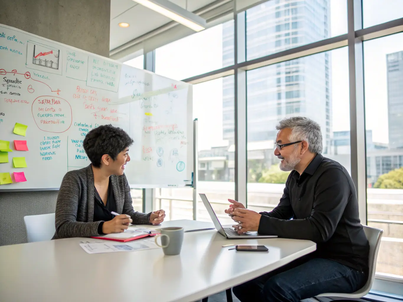 An image of a business mentor guiding a startup founder through a strategic planning session, using a digital tablet to visualise business models and growth strategies.