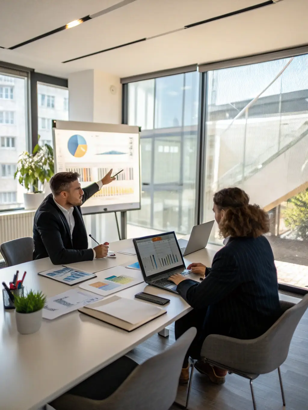 A business coach facilitating a brainstorming session with a team, using sticky notes on a whiteboard to capture ideas, in a modern office setting.